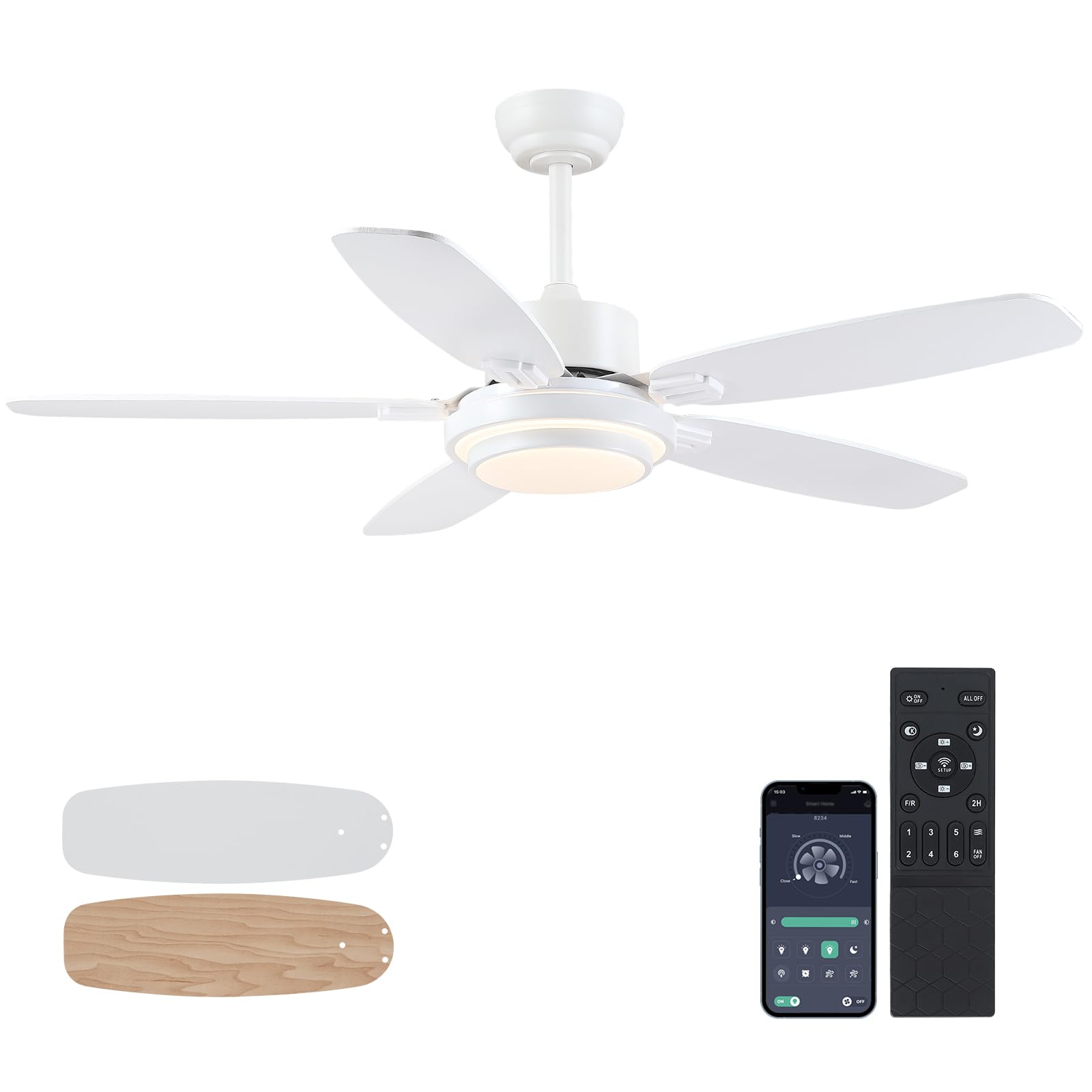 Photo 1 of Ceiling Fan with Light and Remote/APP Control,50" Modern Indoor Ceiling Fan with DC Reversible Motor, Quiet 6 Speeds Flush Mount Ceiling Fan Light for Bedroom,Dinnig Room,White