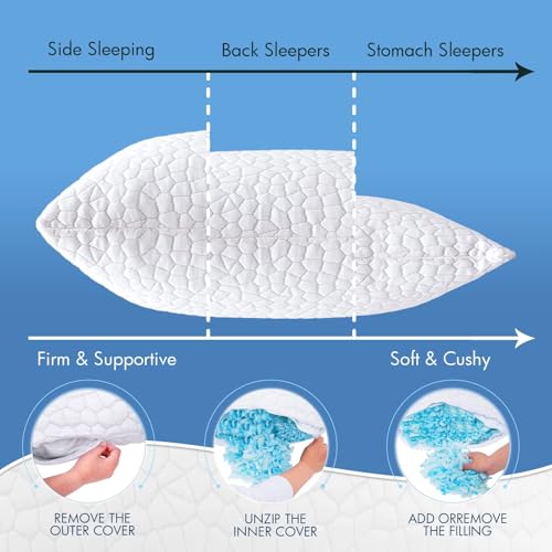SUPA MODERN Cooling Bed Pillows for Sleeping 1 Pack Shredded Memory Foam Pillows Adjustable Cool Pillow for Side Back Stomach Sleepers Luxury Gel Pillows Standard Size with Washable Removable Cover