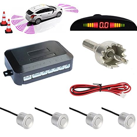 TKOOFN Universal KFZ Summer Einparkhilfe Rückfahrhilfe Auto Parken Sensor System mit 4 Sensoren Radar Kit LED Display Silber