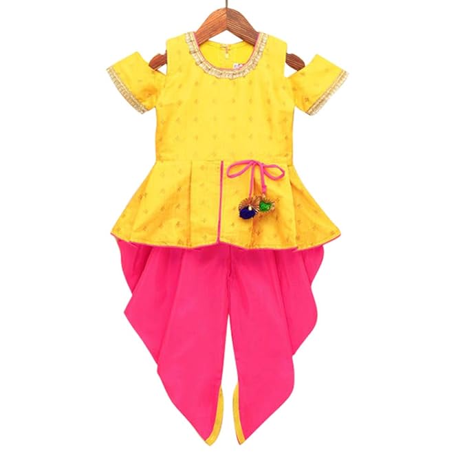 Kid1 By Hopscotch Girls Taffeta Weave Silk Cold Shoulder Peplum Kurta With Dhoti Set in Yellow Color