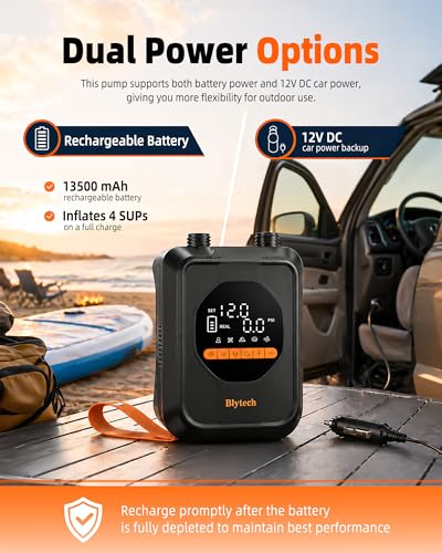 Blytech Paddle Board Electric Pump, Portable 20PSI SUP Pump with 13,500mAh Rechargeable Battery, Fast Inflation/Deflation, 7 Nozzles for Inflatables, Kayaks, Tents, Boats, Pool