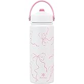 KEWIXY 18 oz Pink Bow Water Bottle with Straw, Leak Proof, Insulated Stainless Steel with Handle, Reusable, Metal (Breeze Pink Bow)