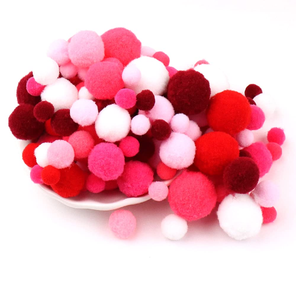 135 Colourful Pompoms for Crafts,10-30 mm Mini Pompoms Balls,Small Pompoms Balls,Fluffy Colourful Pom Pom Decoration Pompom Plush Balls Craft Accessories for Sewing Decoration DIY Crafts,Red Rose Pink
