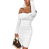 GOKATOSAU Women's Sexy Elegant Ruffle Long Sleeve Off Shoulder Ruched Party Mini Dress