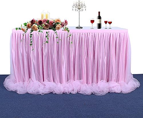 Tulle Table Skirts Handmade Tulle Tablecloth for Round and Rectangular Table, L72in×H30in Table Covers for Party, Wedding, Birthday Party&Home Decoration, Table Skirting(Pink)