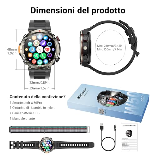 Blackview Men's Smartwatch, 1.45 Inches Military Smartwatch Fitness with Bluetooth Calls Smart Watch 100+ Sports Modes/Heart Rate Monitor/SpO2/Torch/Compass for Android iOS