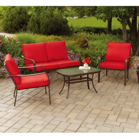 Mainstays Stanton Cushioned 4-Piece Patio Conversation Set, Red