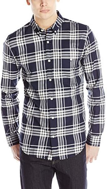 7 For All Mankind Men's Long Sleeve Plaid Shirt, Night Navy, Small at Amazon Menâs Clothing store