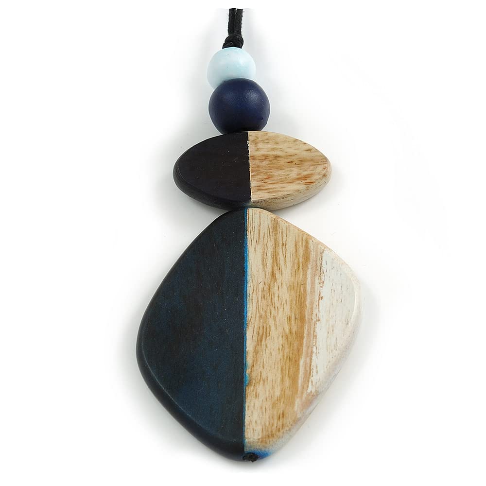 Avalaya Dark Blue/Antique White Geometric Wood Pendant Black Waxed Cotton Cord - 80cm L Max/ 13cm