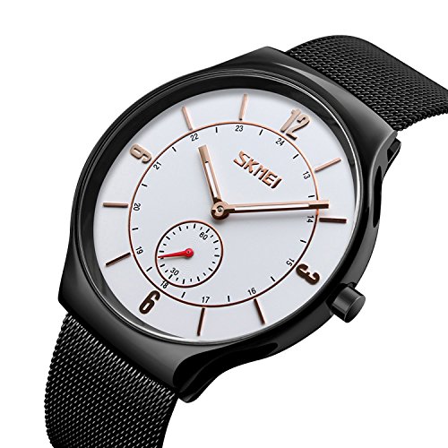 Fashion Casual Sport Business Men Quartz Watch Waterproof Stainless Steel Mesh Strap ultrathin Dial (Black White)