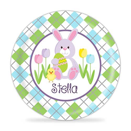 Kids Easter Plate Blue Green Argyle Easter Bunny Melamine