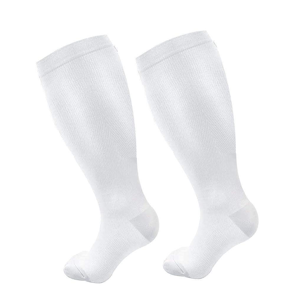 Cheeroyal 2 pair Plus Size Compression Socks for Women & Men, 20-30 mmhg Extra Wide Calf Knee High Stockings for Circulation Support (2XL, White)