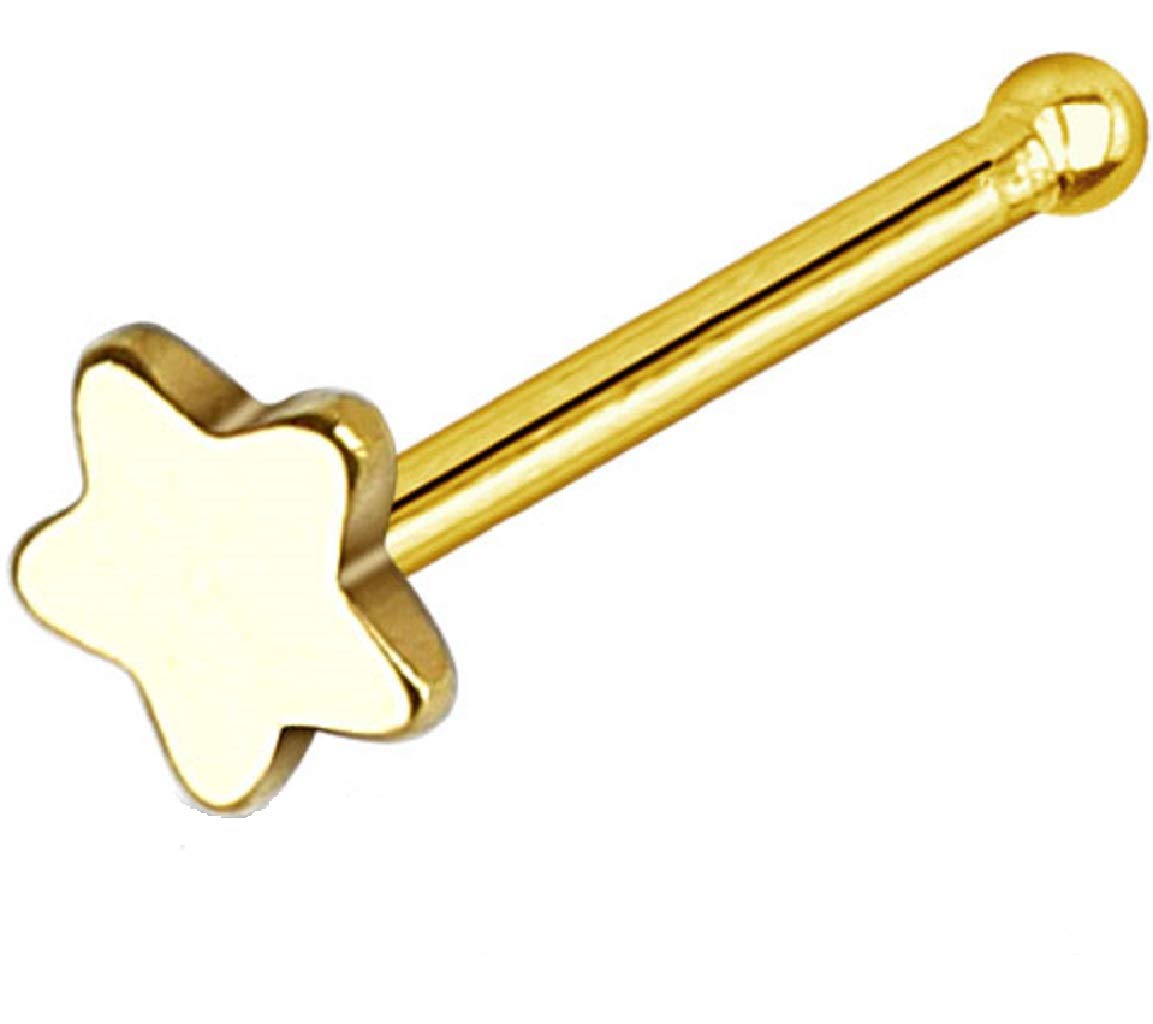 PiercedOff Gold Tone IP over 316L Surgical Steel Nose Bone Stud with Star Head - Thickness 20GA (0.8mm) / Length 6mm / Star Size 3mm