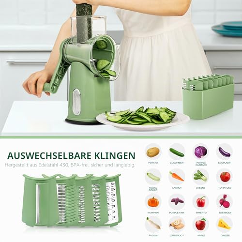 SUSTEAS Cheese Grater with Crank - Grater for Vegetables with 5 Drum Blades, Strong Suction Base, Vegetable Cutter, Ideal for Cheese, Cucumbers, Carrots, Nuts, Vegetables etc., with Blade Storage Box (Retro Green)