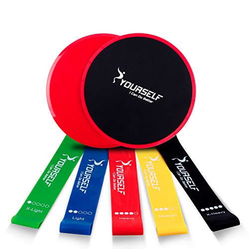 SYOURSELF Gliding Discs Core Sliders and 5 Exercise Resistance Bands Gliding-Dual Sided Fitness Trainer Equipment for Abdominal,Strengthen, Gym,Travel,Carpet,Hard Floors+Fitness Chart+Gift Bag(Red)