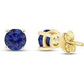 Birthstone Stud Earrings for Women, 4mm Round Simulated Gemstone Studs in 14K Gold Plated 925 Sterling Silver Push Back Earrings, Jewelry Gift for Her (0.5 Ct)