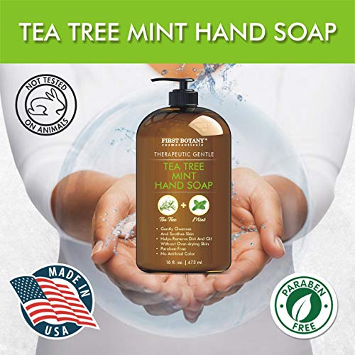 Tea Tree Mint Hand Soap - Liquid Hand Soap with Peppermint, Jojoba and Coconut Oil - Multipurpose Liquid Soap in Pump Dispenser - Natural Bathroom Soap & Liquid hand wash - 16 fl oz