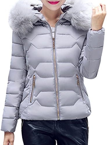 HighFS Women Large Fur Collar Hooded Short Parkas Solid Slim Winter Jackets Thick Coats Grey 2XL