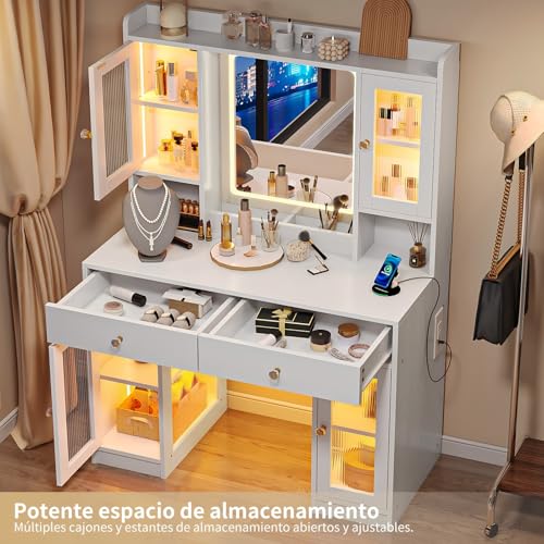 SIMPLE ESPACIO Tocador,Vanity Tocador con Espejo Luz Led,Tocadors de Maquillaje Tres Modos de Luz,Tocadors Vanity con 2 Cajones y 4 Armarios LED,Tocadors de Maquillaje con Regleta