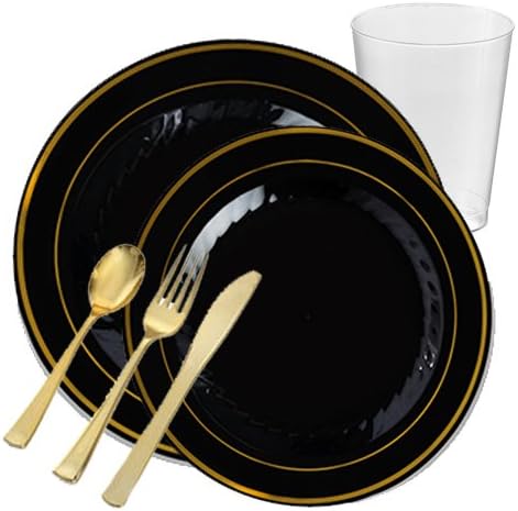 Posh Party Supplies | Silver Splendor Black With Gold Rim VALUE Plastic Dinnerware Package for 12 Guests | Includes Dinner & Dessert Plates, Plastic Tumblers & Cutlery | 107 Piece Total