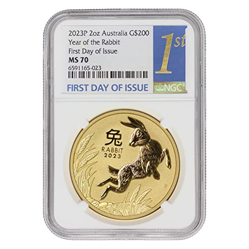 2023 AU 2oz Australian Gold Year of the Rabbit MS-70 First Day of Issue Blue Label $200 MS70 NGC