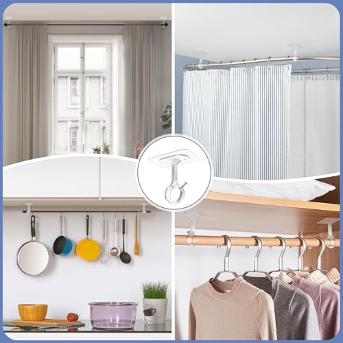 Curtain Pole Brackets No Drilling for Ceiling/Wall, Adjustable, Optimised Model for Rods from Ø25 to 32 mm, Ideal for Showers, Doors and Closets (Set of 4, Transparent)
