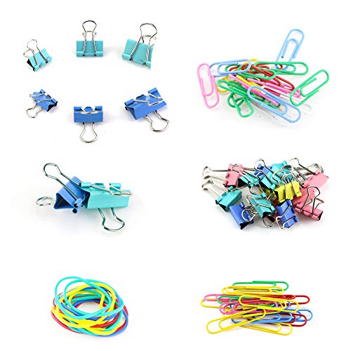 Neworkg 240 Pcs Muticolor Office Clips Set, 3 Sizes Binder Clips, 4 Colors Rubber Bands, 2 Sizes Paper Clips, Paper Clamps with Box for Office & School Supplies