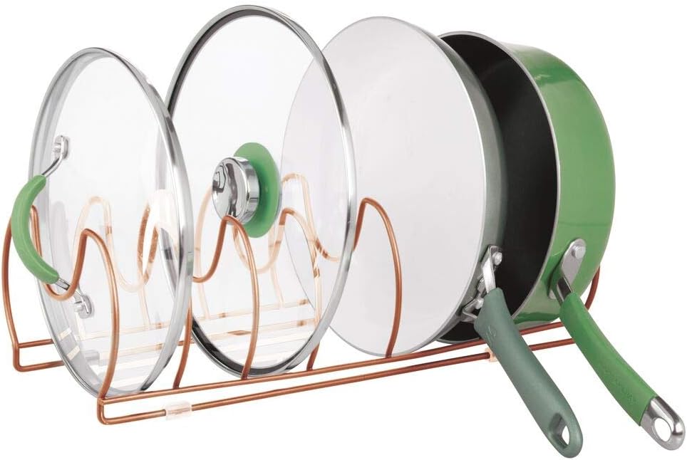 mDesign Metal Wire Pot/Pan Organizer Rack for Kitchen Cabinet, Pantry Shelves, 6 Slots for Vertical or Horizontal Storage of Skillets, Frying or Sauce Pans, Lids, Baking Stones - Copper