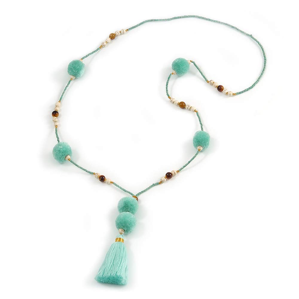 Avalaya Long Mint Green Glass Bead Pom Pom Tassel Necklace/ 88cm L/ 10cm Tassel