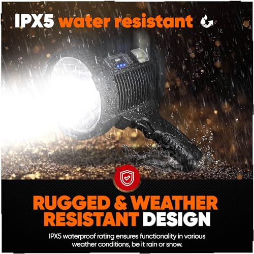 High-Intensity Spot Light - Durable Rechargeable Ultrabright Spotlight Flashlight Handheld Floodlight - Ideal for Outdoor, Emergency, Survival and Home Use. Solar Recharge Enabled, Power Bank Built In