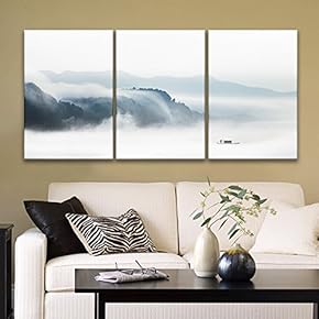 3 Panel Canvas Wall Art - Fisherman in The Boat on The Misty River - Giclee Print Gallery Wrap Modern Home Art Ready to Hang - 16"x24" x 3 Panels