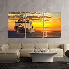 3 Piece Canvas Wall Art - The Military Ship on Sea at Sunrise. - Modern Home Art Stretched and Framed Ready to Hang - 16"x24"x3 Panels