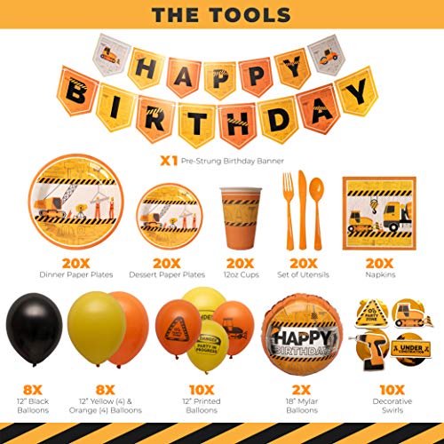 Construction Birthday Party Supplies By Nest Party Designs (179 Pieces) Transportation Party Supplies For Boys or Theme Decorations For Girls Who Love Trucks, Foil Balloons, Builders Hard Hat or Dump Truck Toys