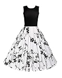 OUGES Women's 1950s Sleeveless Patchwork Vintage Dress,Black and Flower,Small