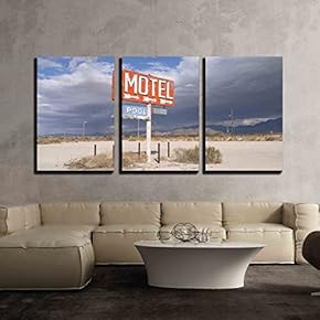 3 Piece Canvas Wall Art - an Old Neon Sign Points to a Motel Complex That was Never Built. - Modern Home Art Stretched and Framed Ready to Hang - 16"x24"x3 Panels