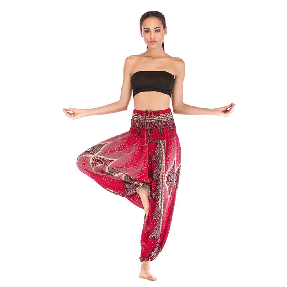 KEEYSUN Men Women Harem Trousers Boho Festival Hippy Smock High Waist Yoga Pants Wine