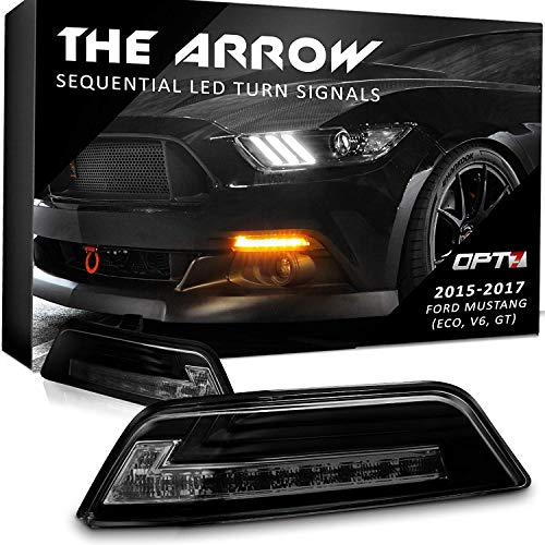 OPT7 Arrow Sequential Mustang LED Front Turn Signal Pair w/Switchback DRL for 15-17 – White Amber Light Left Right [Smoked]