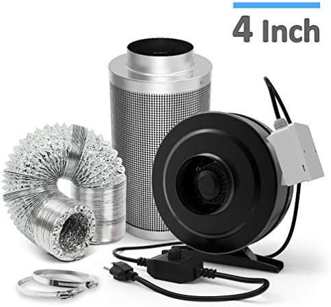 Ventilation Combo - 4 Inch Carbon Filter &amp; 4 Inch 200 CFM Inline Duct Fan w/ Leather Sheath and Speed Controller &amp; 25ft Air Ducting w/ 2 Clamps - HVAC Combo for Grow Tent