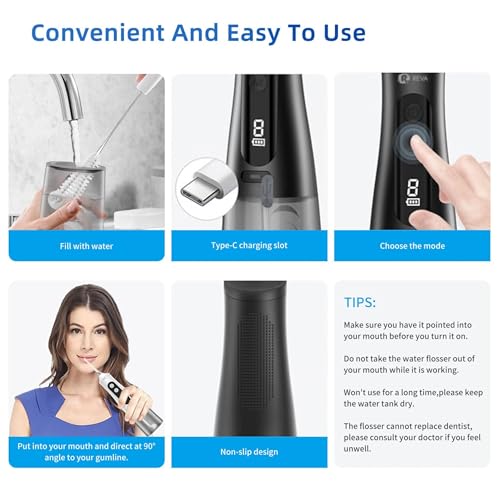 R REVA Professional Water Flosser - Cordless Oral Irrigator with 360° Nozzle, 350ML Reservoir, IPX7 Waterproof, Rechargeable - Dental Floss Tool for Teeth, Braces & Gums - Black (M131)