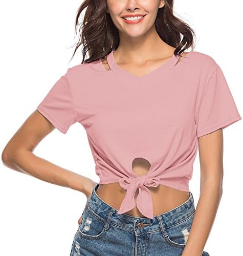 Sunhusing Ladies Solid Color Off Shoulder Halter Sling Bow-Knot Bandage Solid Color Short Sleeve Top T-Shirt Beige