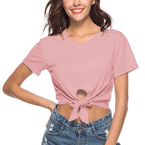 Sunhusing Ladies Solid Color Off Shoulder Halter Sling Bow-Knot Bandage Solid Color Short Sleeve Top T-Shirt Beige
