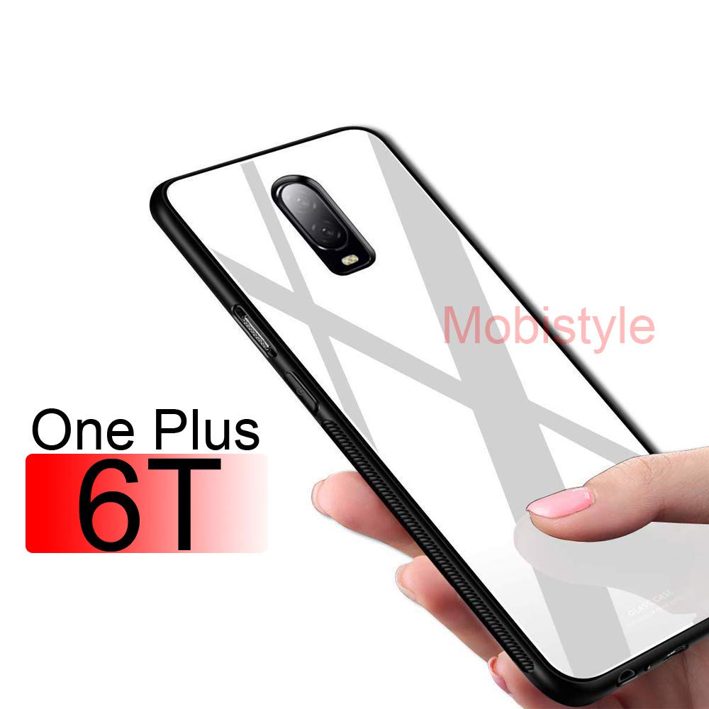 Mobistyle oneplus 6t Cases and Covers - Luxurious Toughened Glass Back Case with Shockproof TPU Bumper Back Case Cover for OnePlus 6T / One Plus 6T / 1+6T (Glass White)