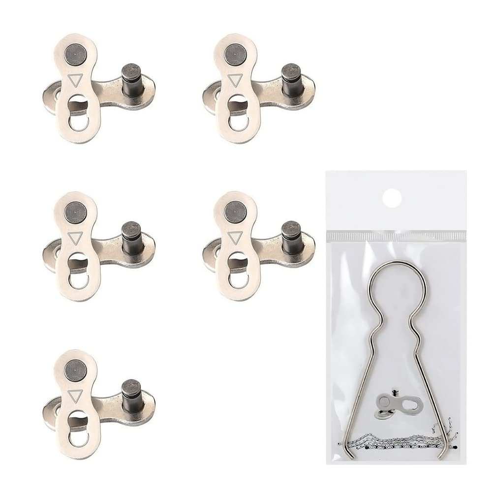 Lahviuu Bicycle Missing Link, 5 Pairs Mountain & Road Bike Chain Reusable Silver Steel Single Speed Chain Split Quick Release Links, 6/7/8 Speed, With Removal Tool
