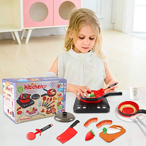 Sanlebi Küchenspielzeug, Kinderküche Zubehoer mit Töpfe, Pfannen Set Realistischer Licht & Sound Induktionsherd, Gemüse… – Bild 7
