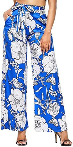 SiYuan Womens Floral Print Drawstring Palazzo Pants with Pocket US14-16/XL Blue 72015