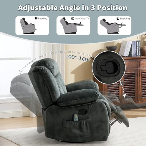 ANJ Classic Manual Swivel Rocker Recliner Chair with Massage and Heat, Rocking Recliners for Adults with Side Pocket, Single Overstuffed Heavy Duty Reclining Sofa Chair for Living Room,Bedroom,Grey