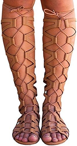 Palster Women's Knee High Strappy Suede Lace Up Gladiator Sandals Khaki Size 42 EU 10 B(M) US