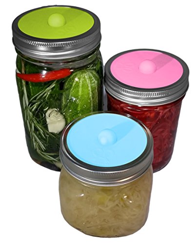 Maintenance free silicone airlock waterless fermentation lids for wide mouth mason jars. BPA free, mold free, dishwasher safe. 6 pack. Premium Presents brand.