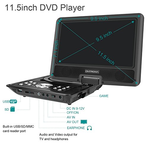 9-Swivel-Screen-Portable-DVD-Player-with-5-Hour-Built-In-Rechargeable-Battery-18M-Car-Charger-and-Power-Suppler-Remote-Control-SD-Card-Slot-and-USB-Port-by-ONTROWA--Black
