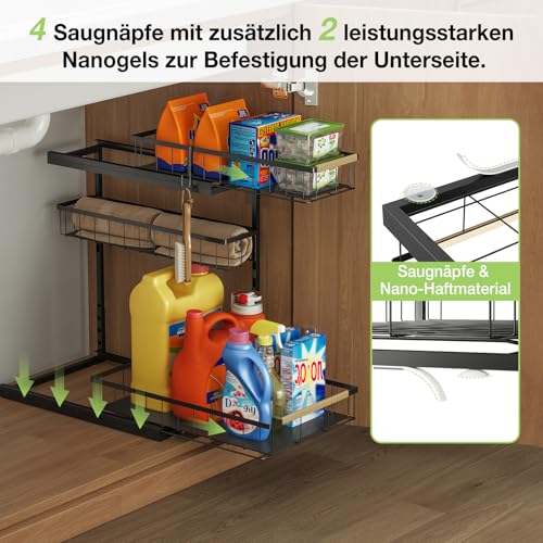 Fantasnight Kitchen Under Sink Storage Organiser - 1 Pack Metal Undersink Organisation for Cupboard - 3 Tier Pull Out Cabinet Drawers Black - Sliding Cleaning Shelf Organizer Solutions for Bathroom